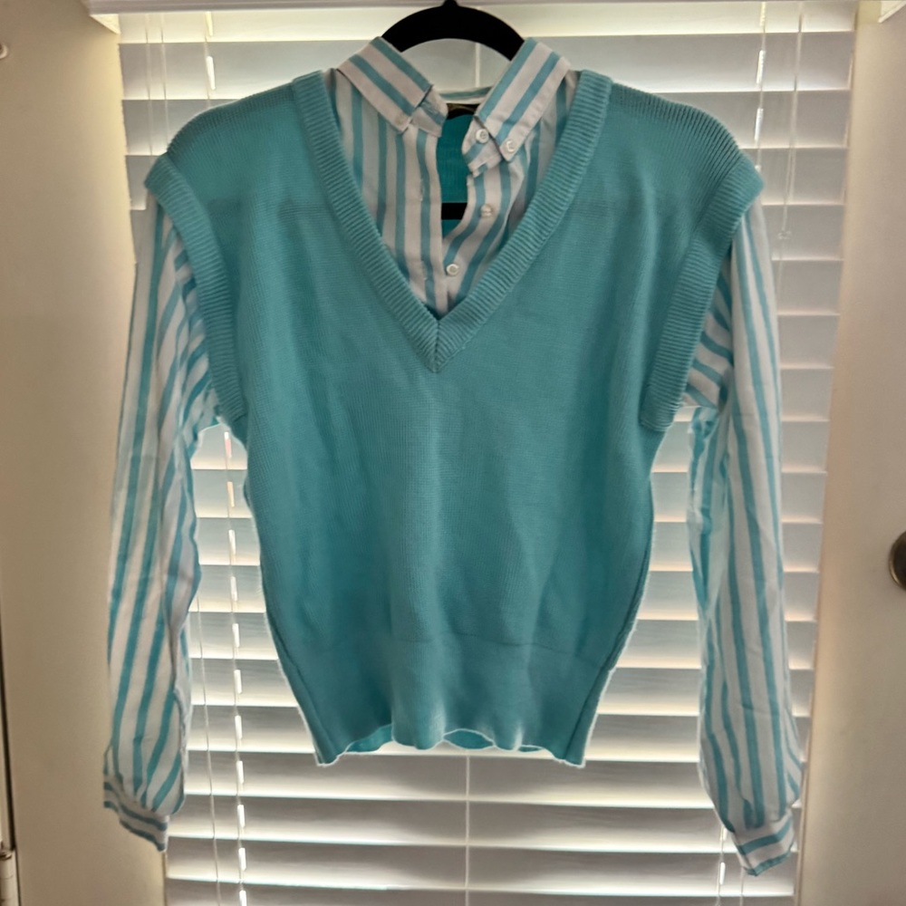 Light Aqua V-Neck Sweater Vest with Striped Button-Up